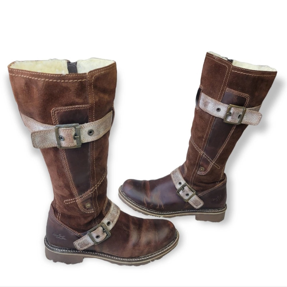 Women's Brown Leather Suede Mid-Calf Buckle Winter Boots - Picture 10 of 10